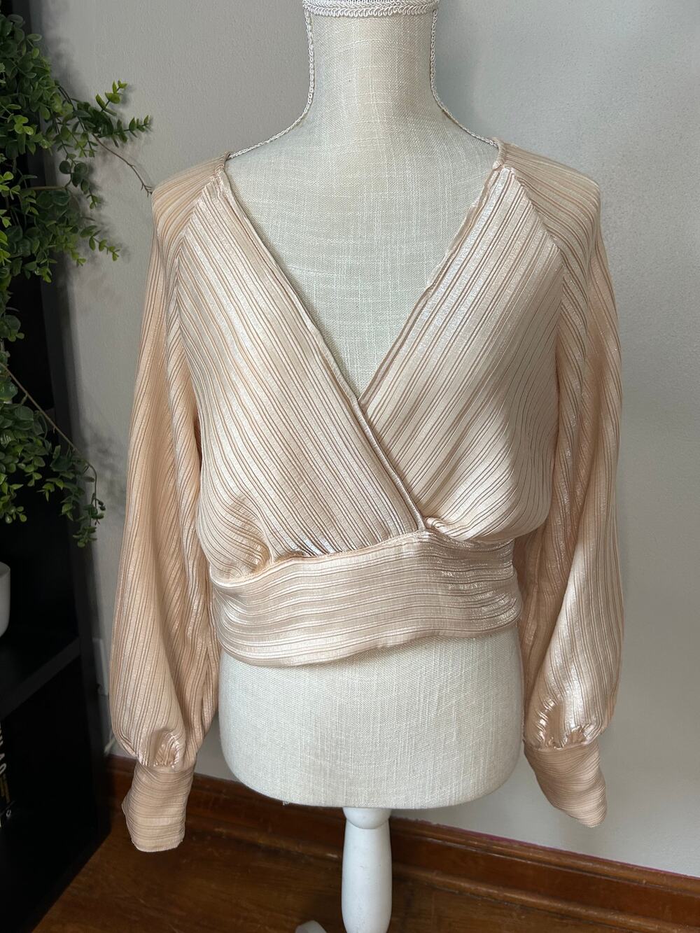 ASTR The Label Womens L Beige Pleated Plunge V-Neck Crop Blouse